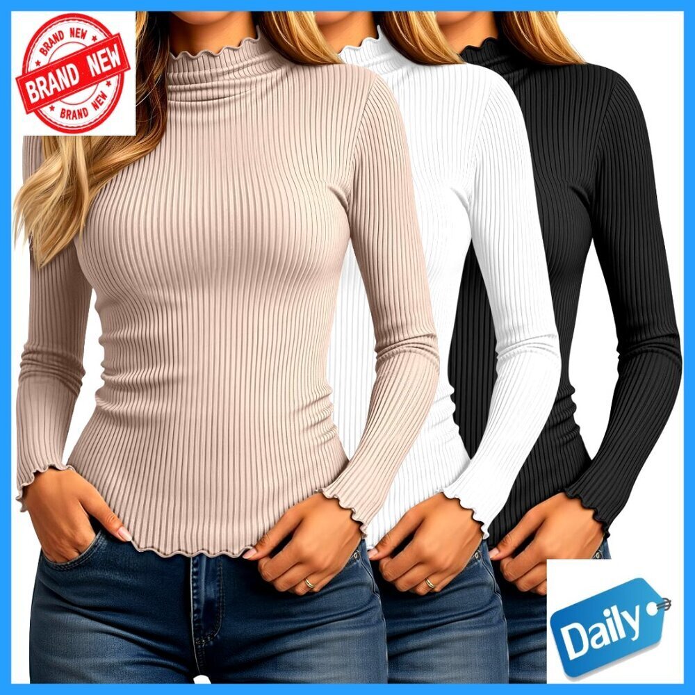3 Pack Women's Turtleneck Cotton Shirts Long Sleeve Ribbed Lettuce Trim Slim Fit